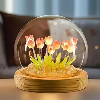 Glass Dome Tulip LED Night Lamp – Romantic Decorative Gift